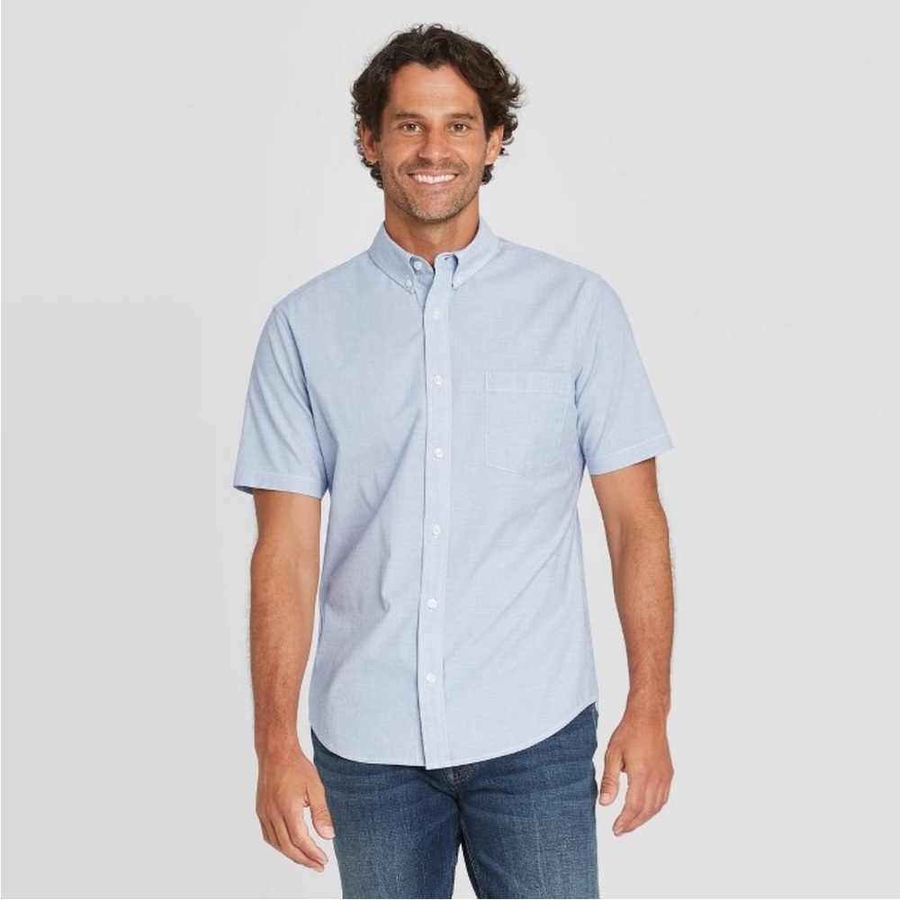 NWOT Men's Slim Fit Stretch Poplin Short Sleeve Button-Down Shirt - Sky Blue